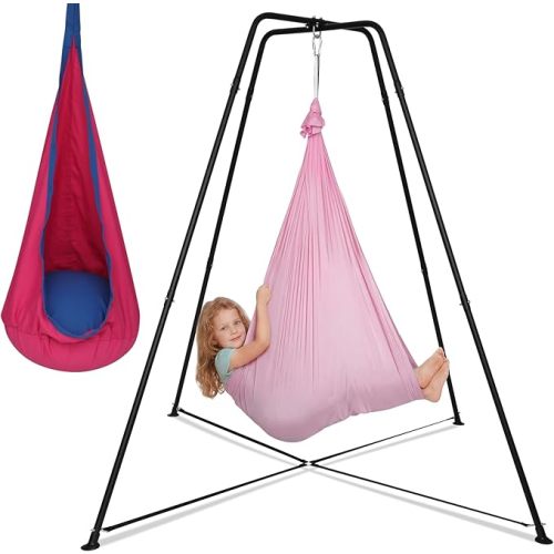 Swing Stand Frame with Sensory Swing and Pod Swing, Heavy-Duty X-Frame Sensory Swing Stand for Kids, Indoor & Outdoor Autism Sensory Hammock with Stand 330LBS Capacity for Home Backyard Park （Pink）
