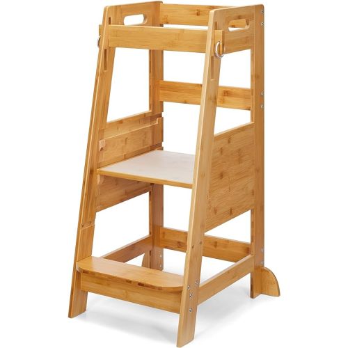 TOETOL Bamboo Toddler Step Stool Kids Kitchen Counter Learning Stool Standing Helper Tower 3 Height Adjustable Bathroom Sink with Safety Rail,Natural