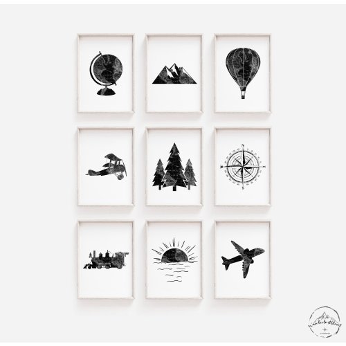 Black And White Nursery Prints, Travel Nursery Decoration, Mountain Nursery Theme, DIGITAL DOWNLOAD, Forest Nursery Wall Art, Printable Art