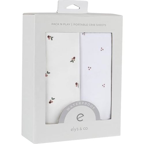 Ely's & Co. Patent Pending Waterproof Pack and Play Sheets, 100% Cotton with Waterproof Lining – 2 Pack Fitted Mini Crib Sheet Set, Berry and Cluster Dot (Lavender) 38” x 24”