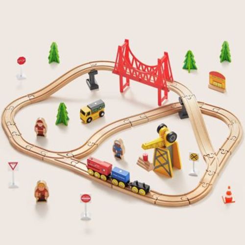 Tiny Land® Wooden Track Trains Set for Kids 55 Pcs