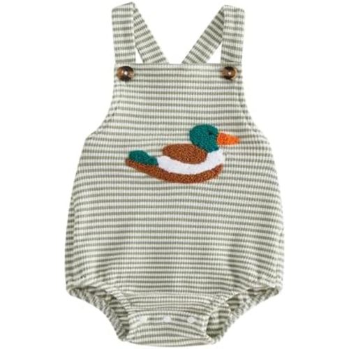 SAYOO Infant Baby Boy Girl Mallard Duck Romper Jumpsuit Green Duck Embroidery One Piece Waffle Overalls Hunting Baby Clothes