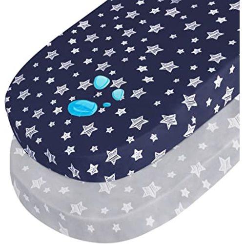 Bassinet Sheet Waterproof 2 Pack, 33" X 17" Flexible for Different Cradle and Bassinet Mattress, Soft Breathable Universal Sheet for Rectangle, Oval, Hourglass Bassinet Mattress, Grey&Navy