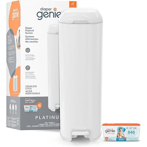 Diaper Genie Platinum Diaper Pail, White - Made in Durable Stainless Steel and Includes 1 Easy Roll Refill with 18 Bags