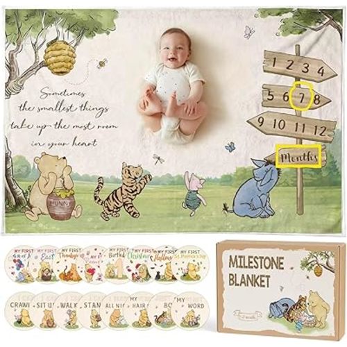 Classic Winnie Bear Baby Monthly Milestone Blanket, Vintage Pooh Quotes Soft Flannel Milestone Blanket with Gift Box Holiday Signs Felt Marker for Winnie Nursery Decor Baby Stuff 60 x 40Inch