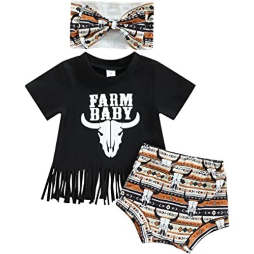 Newborn Infant Baby Girl Outfit 3pcs Letter Print Western Clothes Sets Short Sleeve Tassel T-Shirts Shorts