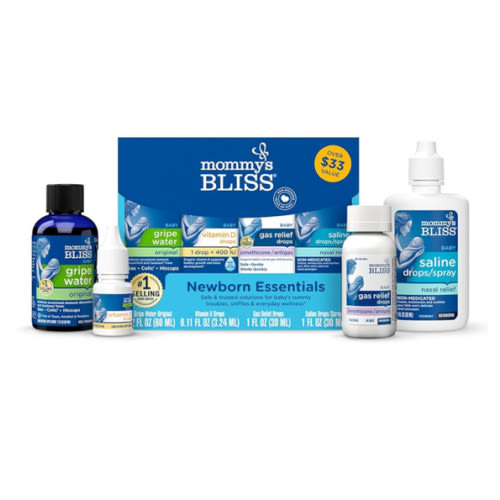 Mommy's Bliss 4-Piece Newborn and Baby Essentials Kit - With Gripe Water, Gas Relief Drops, Vitamin D 400IU, and Saline Drops/Spray - The Perfect Baby Gift.