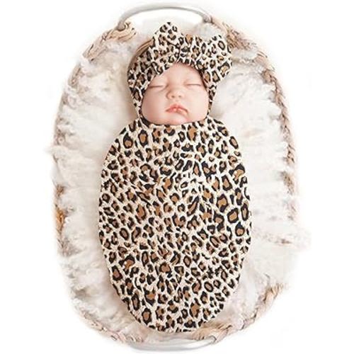 Konssy Baby Girl Newborn Receiving Blanket with Headband Set Baby Swaddle Leopard Print Nursery Swaddle Wrap