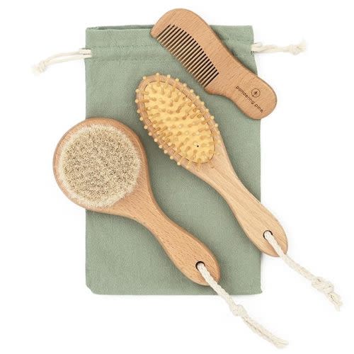Natural Baby Hair Brush Set with Boho Bag - Goat Hair Cradle Cap Brush, Toddler Brush and Comb - Scalp Grooming Baby Hairbrush for Newborn and Infant, Wooden Brushes for Boys and Girls - Sage