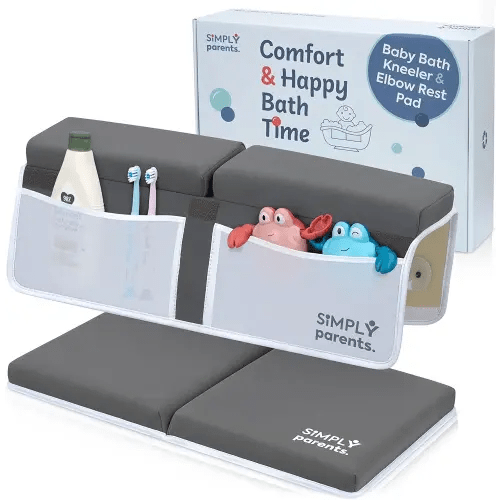 Baby Bath Kneeler and Elbow Rest Pad Set - Quick-Dry, Non-Slip Kneeling Pad for Bathing Toddler, Toy Organizer Pockets, Gift Box, Accessories for Tub, Gray