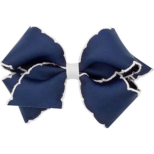Wee Ones Girls' Grosgrain Hair Bow with Contrasting Moonstitch Edge and Wrap on a WeeStay Hair Clip, Small, Navy with White