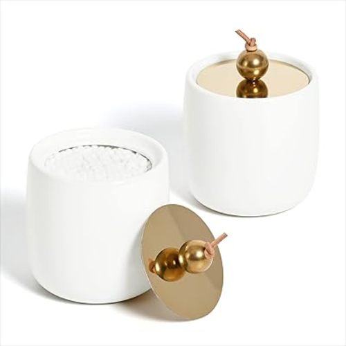 2 Pack Ceramic Qtip Holder Dispenser with Gold Lids , White Apothecary Jars Bathroom Vanity Organizer for Home Decor - Bathroom Canister for Cotton Swabs, Rounds, Balls, Makeup Sponges, Bath Salts