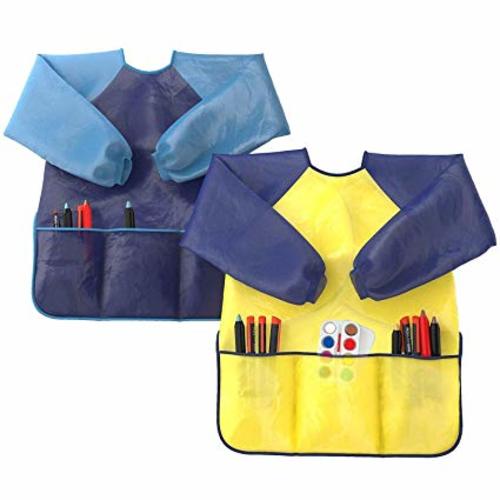Kids Art Smocks Pack of 2 - Children Artist Painting Aprons Waterproof and Long Sleeve with 3 Roomy Pockets for Boys and Girls Age 2-6 Years Old