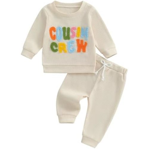 NZNDSHD Toddler Boy Clothes Little Dude Baby Boy Outfit Mamas Boy Little Bro Embroidered Sweatshirt Waffle Knit Pants Set