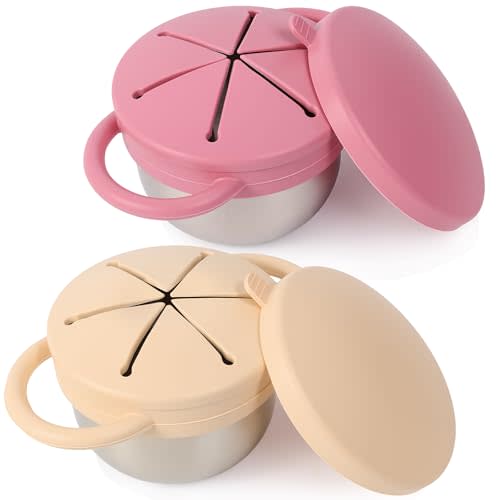 2 Pack Stainless Steel Spill Proof Snack Cup for Baby Toddlers Kids, with Silicone Food Catcher, Travel Lid, Spill-Proof Bowl Containers, Toddlers Essentials, Non Toxic BPA Free