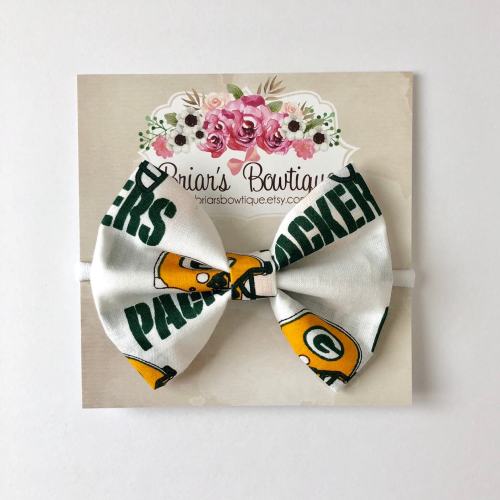Green Bay Packers bow headband or hair clip; football bow; Packers bow on white nylon headband or hair clip; Team bow; baby, toddler, girl