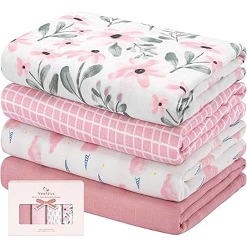 Yoofoss Muslin Swaddle Blankets, 4-Pack Receiving Blankets for Baby Boys and Girls, 47 x 47 Inches Baby Blanket Neutral Swaddle Wrap 70% Rayon from Bamboo and 30% Cotton