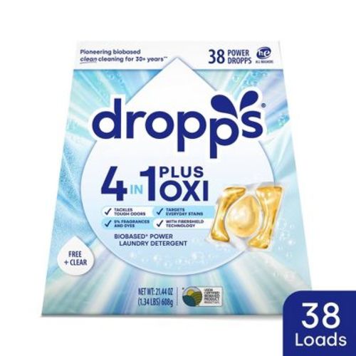Dropps Laundry 4-in-1 Plus Oxi Power Biobased Detergent Pods - Free + Clear - 38ct