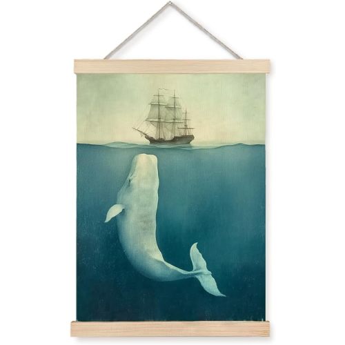 Nipil Ocean Whale Ship Nautical Poster Hanger Frame, Ocean Room Decor, Vintage Sailing Boat Giant Whale Coastal Beachy Hanging Canvas Framed Wall Art Decor for Beach Room Cabin, 12x16 Inch
