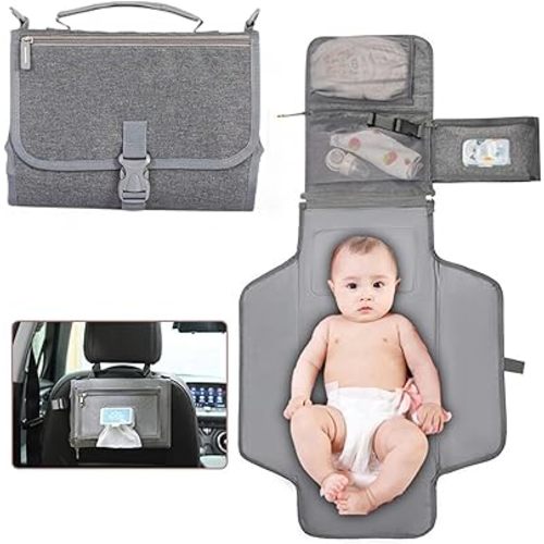 Portable Diaper Changing Pad, Portable Changing pad for Newborn Girl & Boy - Baby Changing Pad with Smart Wipes Pocket – Waterproof Travel Changing Kit (Grey)
