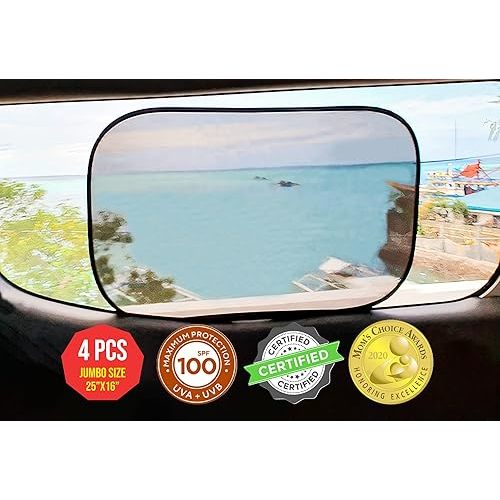 kinder Fluff Car Window Shade (4Pack)-The Only Certified Car Window Sun Shade for Baby Proven to Block 99.95% UVR - Mom's Choice Gold Award - Car Seat Sun Protection - Jumbo