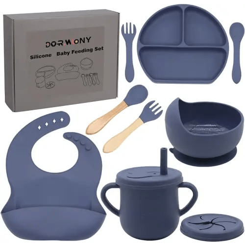 100% Silicone Baby Feeding Set,BPA Free Baby Dishes Set with Suction Bowl Divided Plate,Toddler Self Feeding Dish Set with Spoons Forks Sippy Cup and Bib, Baby Eating Utensils (Navy Blue)