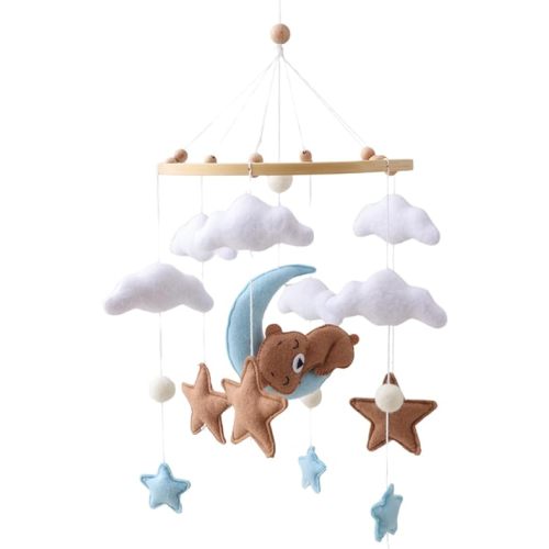 Sleeping Bear Crib Mobile Handmade Soothing Bedtime Nursery Decor for Boys and Girls Felt Night Mood Crib Mobile Easy to Assemble and Durable Gift (Blue Sleeping Bear)