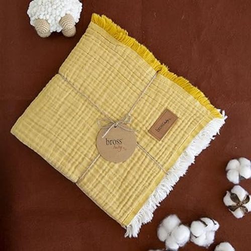 100% Cotton Unisex Baby Muslin Cover, 4 Layers, 100 * 120 cm, Swaddle Blanket for Newborn Babies, Baby Muslin Blanket Soft (Mustard)