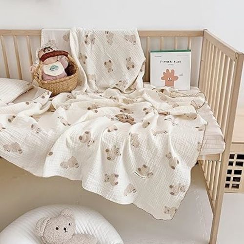 BuLuTu Muslin Cotton Baby Blanket with Cute Bear Pattern Large Toddler Blanket for Boys Girls Crib Cradle Cot Toddler Bed Blanket Lightweight Thin Baby Quilt,47"x51"