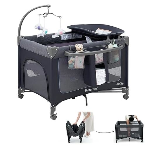 Pamo Babe 3-in-1 Baby Playard, Basic Magic Fold Nursery Center with Zip Door & Changing Table, One Second to Set Play Yard