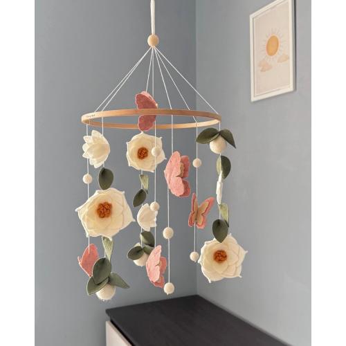 Flowers baby mobile, Butterfly crib mobile, green floral baby mobile, hanging felt mobile, cot mobile for baby girl, flowers nursery decor