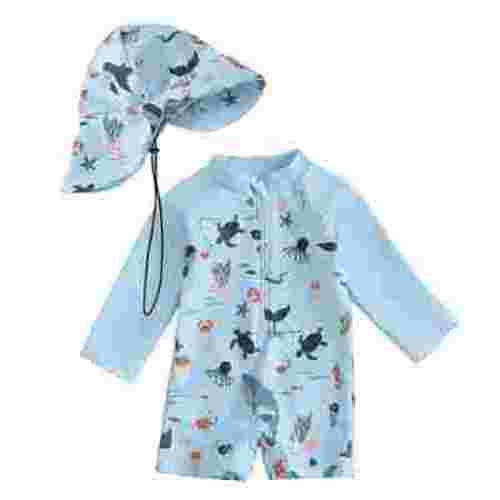 Baby Boy Swimsuit Toddler Boy Marine Animal Print Sun Protection Onepiece Swimsuit with Swim Cap Rash Guard Long Sleeve Bathing Suit Toddler Swimsuit Light Blue 0 Months-3 Months