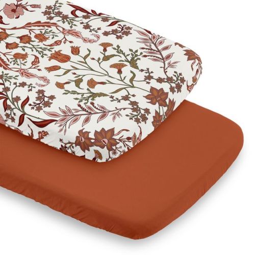 Sweet Jojo Designs Girl Baby Bassinet Fitted Sheets Set Boho Floral Wildflower Ivory Orange and Burgundy 2pc