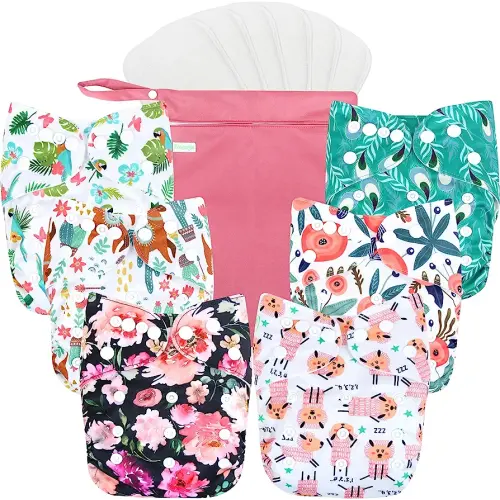 wegreeco Cloth Diapers 6 Pack with 6 Inserts & 1 Wet Bag, Washable Cloth Diapers for Babies, One Size Adjustable Reusable (Flower)