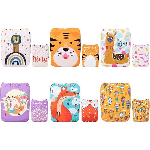 ALVABABY Cloth Diaper One Size Adjustable Washable Reusable for Baby Girls and Boys 6 Pack with 12 Inserts (Boy color07)