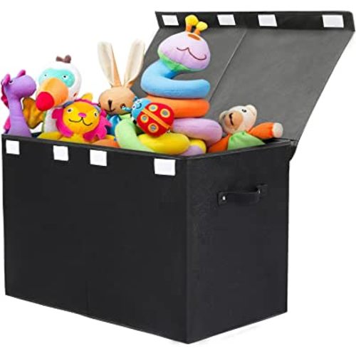 popoly Large Toy Box Chest Storage with Flip-Top Lid, Collapsible Kids Storage Boxes Container Bins for Toys, Playroom Organizers, 25"x13" x16" (Linen Black)