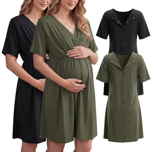 Cutecrop 2 Pack Labor and Delivery Gown for Hospital Maternity Nursing Short Sleeve Gown Button Back Birth Recovery Sleepwear