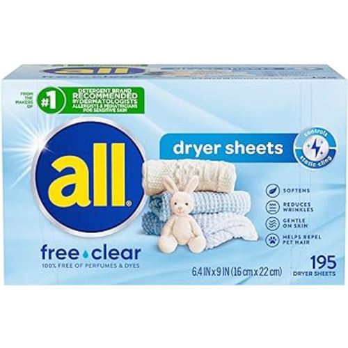 all Fabric Softener Dryer Sheets for Sensitive Skin, Free Clear, 195 Count