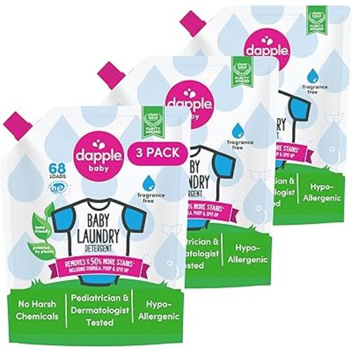 Baby Laundry Detergent by Dapple Baby, Concentrated & Hypoallergenic, Powered by Plants, Stain Removing Natural Ingredients, Fragrance Free, 34 Fl Oz (Pack of 3)