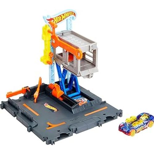 Hot Wheels City Toy Car Track Set Downtown Repair Station Playset with 1:64 Scale Vehicle, Working Lift & Launcher