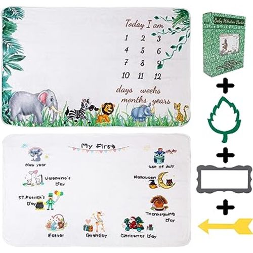 vmaisi Baby Milestone Blanket Gifts - Newborn Boy & Girl Monthly Year Infant Growth Blankets Nursery Swaddling Blankets (Green Animals, Double Printed)