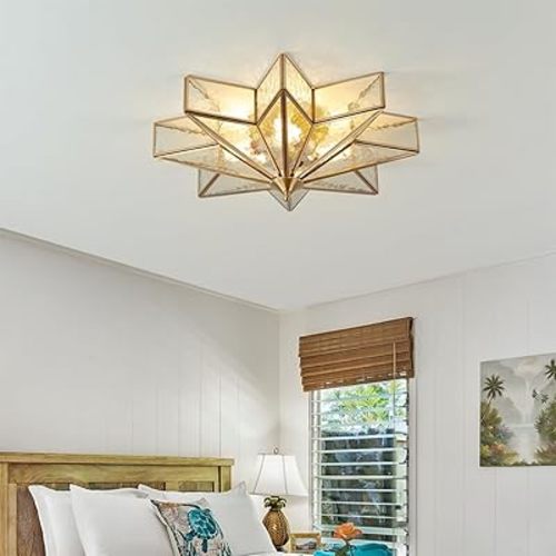 Brass Flush Mount Ceiling Light, Star Shaped Ceiling Light Fixture, Bulb Included, Mid Century Glass Ceiling Mount Lamp for Entryway, Foyer, Bedroom (Rippled Glass, 19.7")