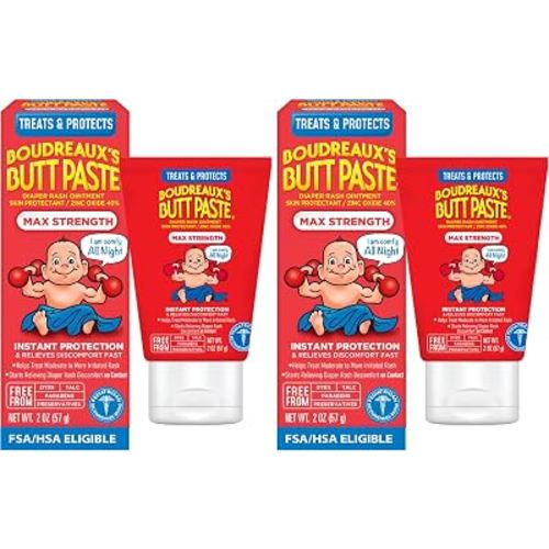 Boudreaux’s Butt Paste Max Strength Diaper Rash Cream for Baby, Ointment With Zinc Oxide, 2 oz Tube (Pack of 2)