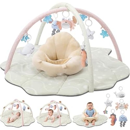 Baby Play Mat & Seat, Tummy Time Mat with 6 Detachable Activity Toys, Baby Gym Playmat & Chair for Babies 0-6-12 Months, Baby Essentials Mat for Floor Newborn Baby Gift(Apricot)