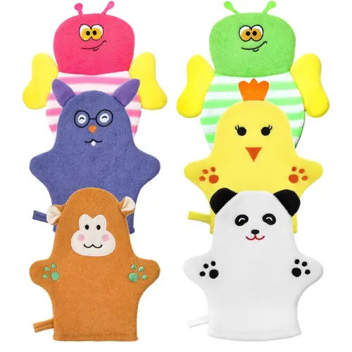 Sibba 6 Pcs Baby Bath Mitt Washcloths Gloves, Gentle Cute Exfoliating Wash Mitt Animal Pattern, Baby Mittens Bath Towel Glove Soft Scrub Toddler Wash Cloths Body Scrubber Bathing Loofah Infant Gloves