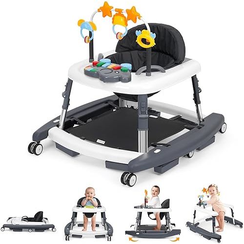 5 in 1 Baby Walker Foldable Music and Lights with 5 Adjustable Heights, Baby Walker with Wheels Portable, Infant Toddler Walker for Baby Boy Girls 6-18 Months (D-Grey)