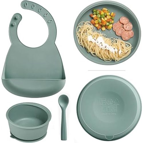 Silicone Baby Feeding Set, Toddler Plates and Bowls Set, Baby Feeding Set with Adjustable Bib Grey