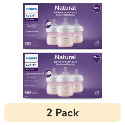 (2 pack) Philips Avent Natural Baby Bottle with Natural Response Nipple, Pink, 4oz,3pk, SCY900/13