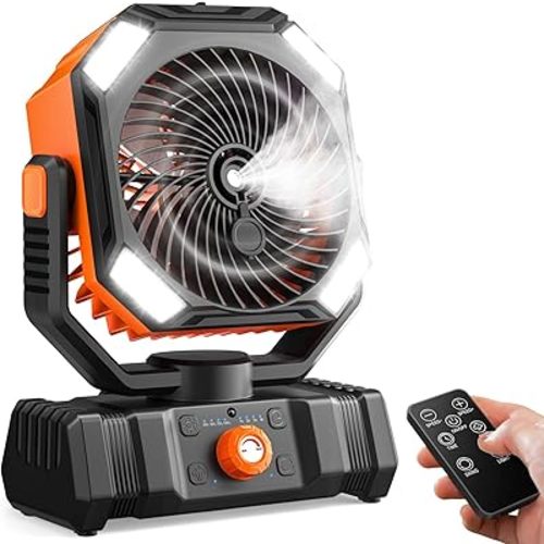Misting Fan, Portable Outdoor Fans with Remote, 20000mAh Rechargeable Battery Portable Fan for Outdoors Patios, Camping Fans 270° Adjustable, Hanging & Lighting for Outdoor Indoor cooling