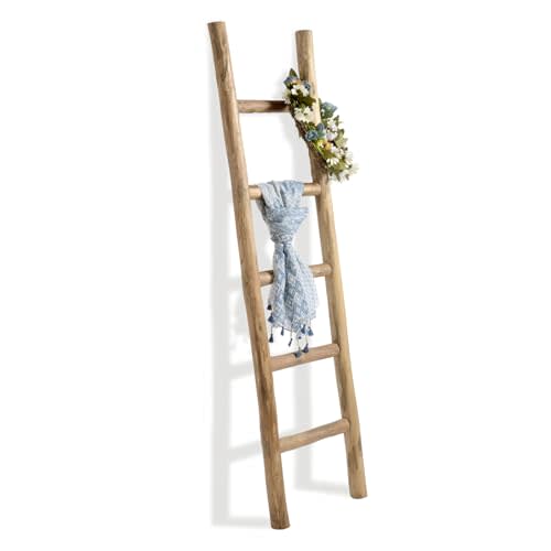 FUIN Fully Assembled 5ft Wood Blanket Ladder Living Room Decorative Wall Leaning Farmhouse Quilt Display Holder Rustic Wooden Towel Rack for Bathroom, Brown